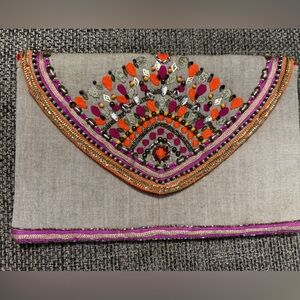 Boho Beaded Embroidered Clutch w/ Chain Strap – NEW w/ Tags - orange & purple